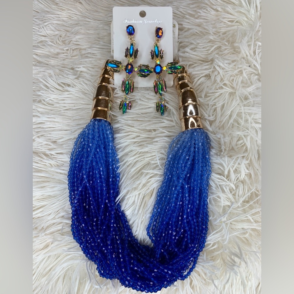 Blue Multi strand Beaded Necklace with Iridescent Crystal Earrings